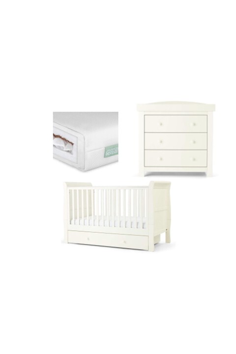 Mia 3 Piece Cot, Dresser Changer and Premium Dual Core Mattress Set - White image number 1